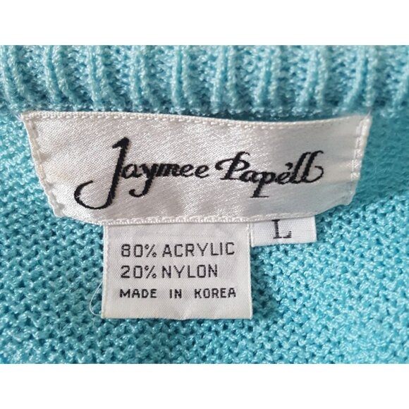 Vintage 80s Jaymee Papell Womens Pull Over Sweater Leather Trim Blue Long Sleeve - Picture 6 of 8
